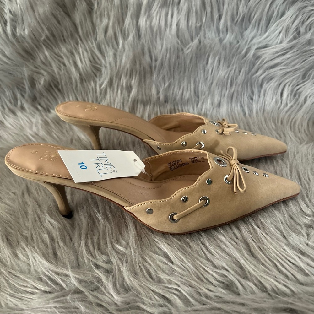 Time And Tru Stud Kitten Heel Women's Size 10 Beige Studded Slip On Heels Shoes